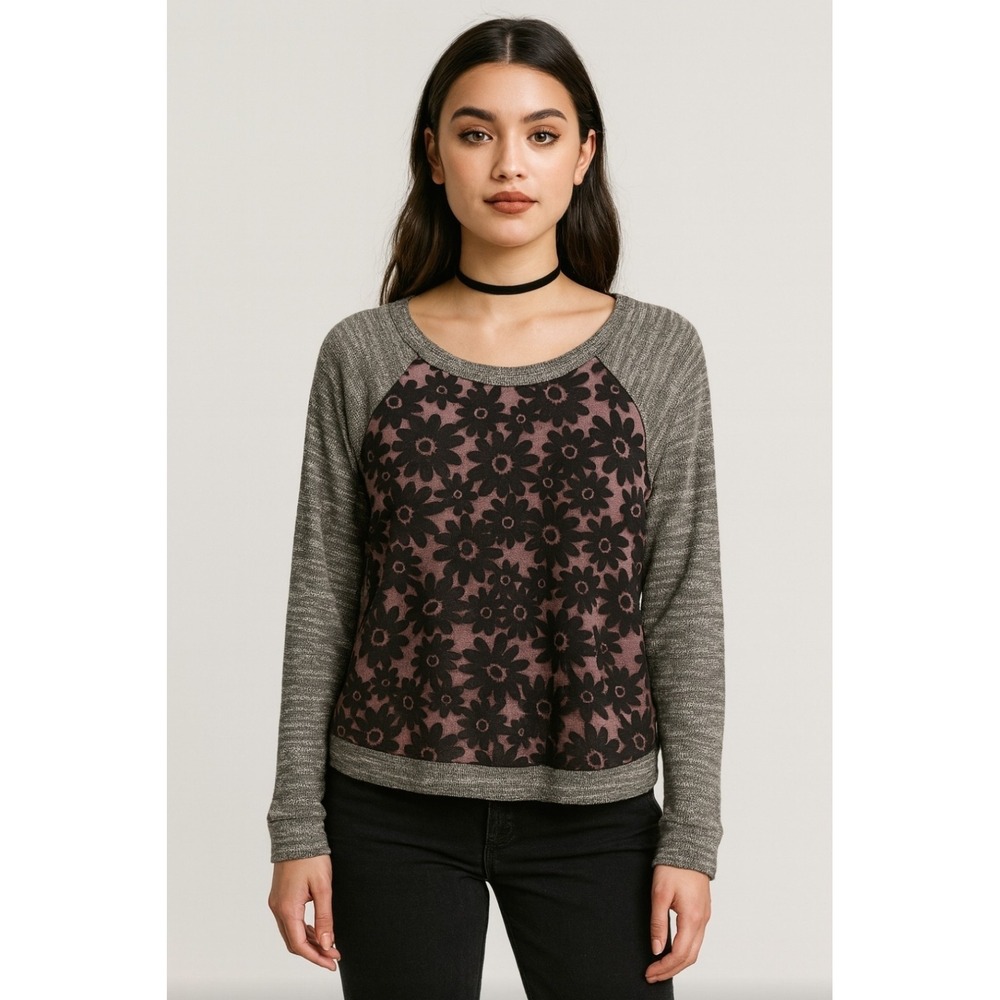 Jesse & J Womens Y2K DTLA Knit Top Heather Gray Black Sheer Flower Overlay Sz L